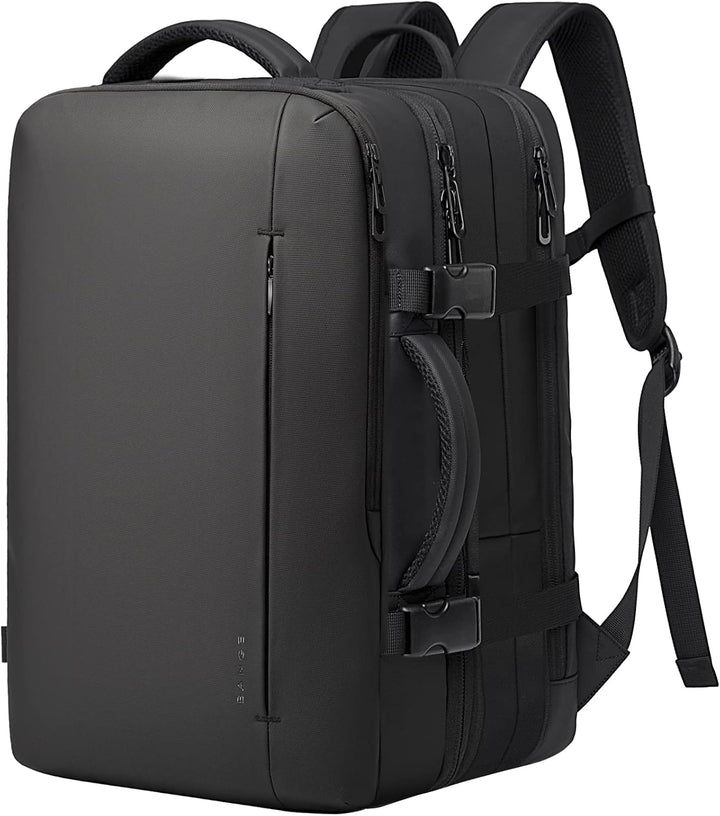 Back view of waterproof travel backpack with padded straps & laptop access.