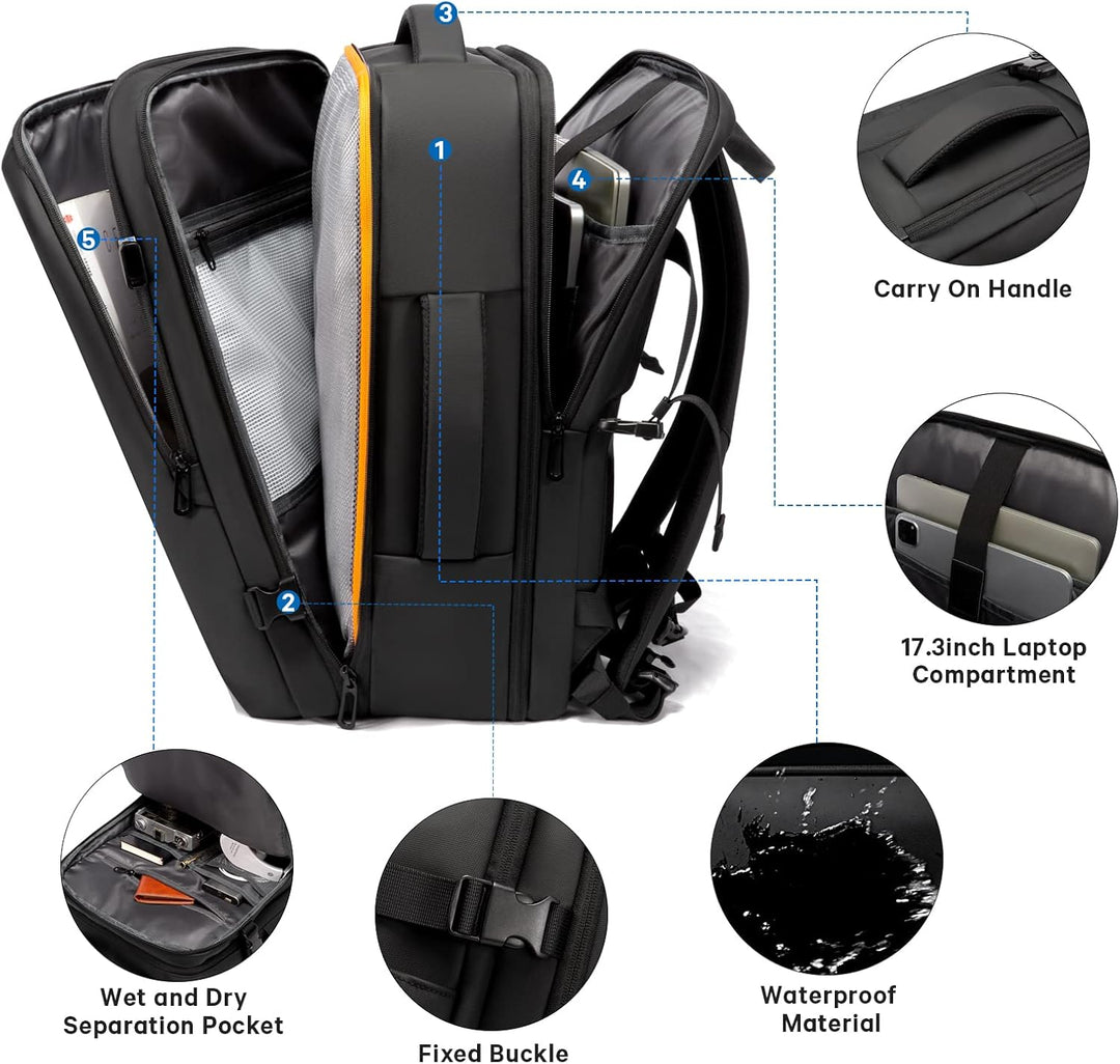 Modern black travel backpack, expandable 26-45L, with laptop sleeve and water resistance.