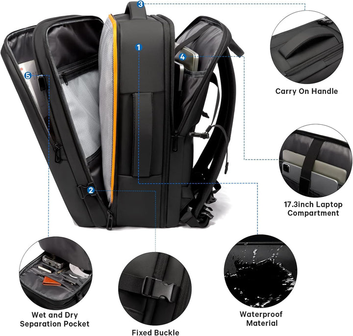 Modern black travel backpack, expandable 26-45L, with laptop sleeve and water resistance.
