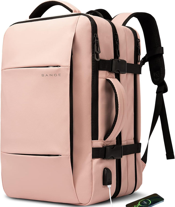 Grey travel backpack, 26-45L expandable, waterproof, ideal for daily commute & travel.
