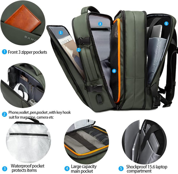 Laptop friendly travel backpack, 26-45L, waterproof, with easy access sleeve.