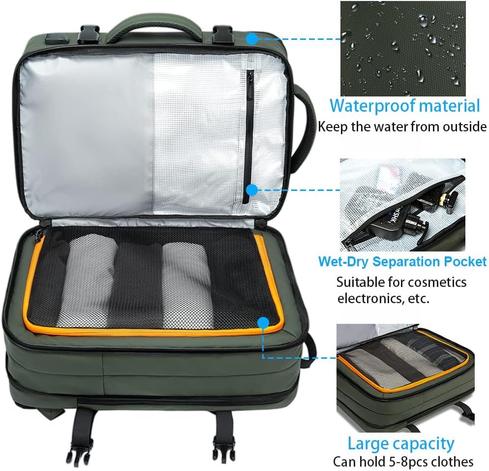 Expandable travel backpack shown on a person, 26-45L, ready for adventure.