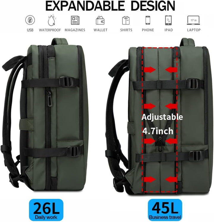 Duffle bag mode of 26-45L waterproof travel backpack, with side handle.