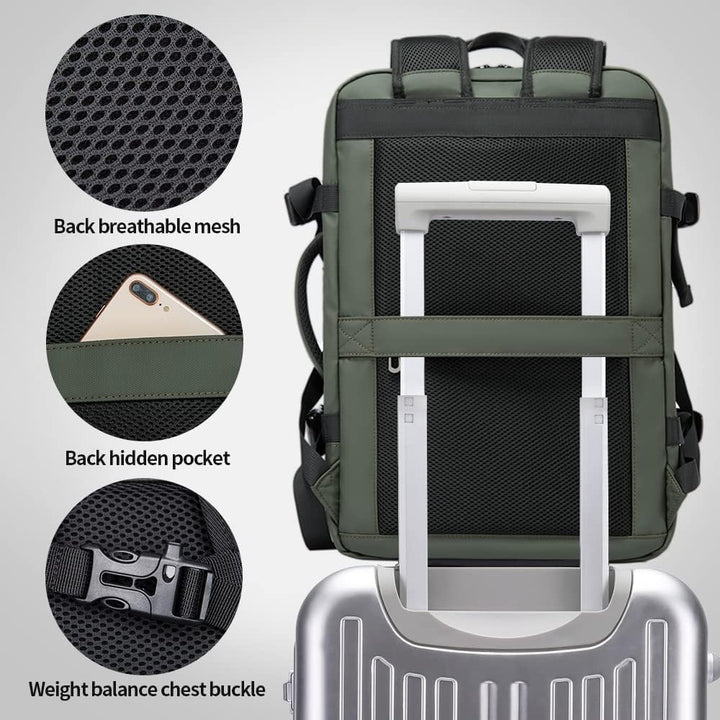 Interior view showing the laptop sleeve in the 26-45L travel backpack.