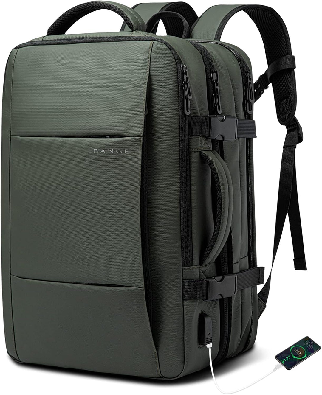 Zippers & durable hardware on the waterproof 26-45L expandable travel backpack.