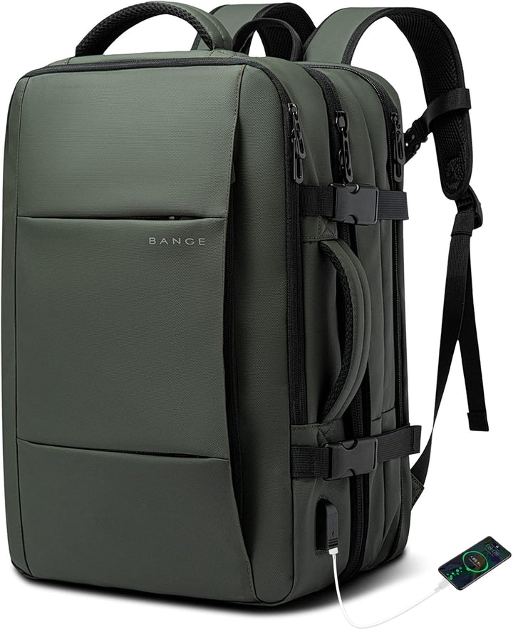 Zippers & durable hardware on the waterproof 26-45L expandable travel backpack.