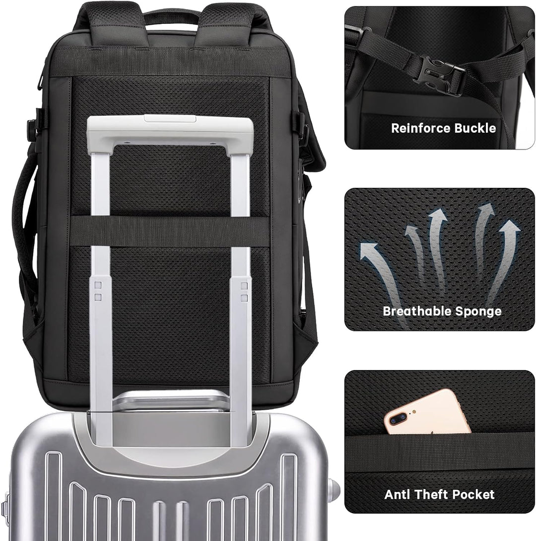 Organized front pocket of the expandable 26-45L travel backpack, for quick access.