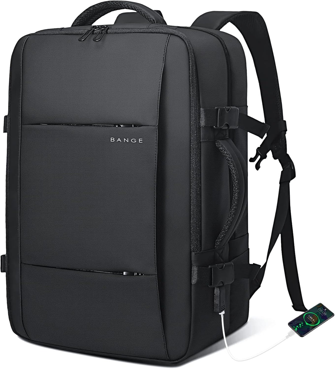Travel backpack with side bottle pocket, expandable 26-45L, waterproof design.