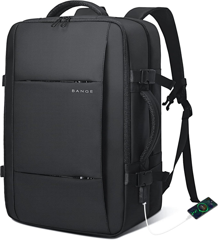 Travel backpack with side bottle pocket, expandable 26-45L, waterproof design.