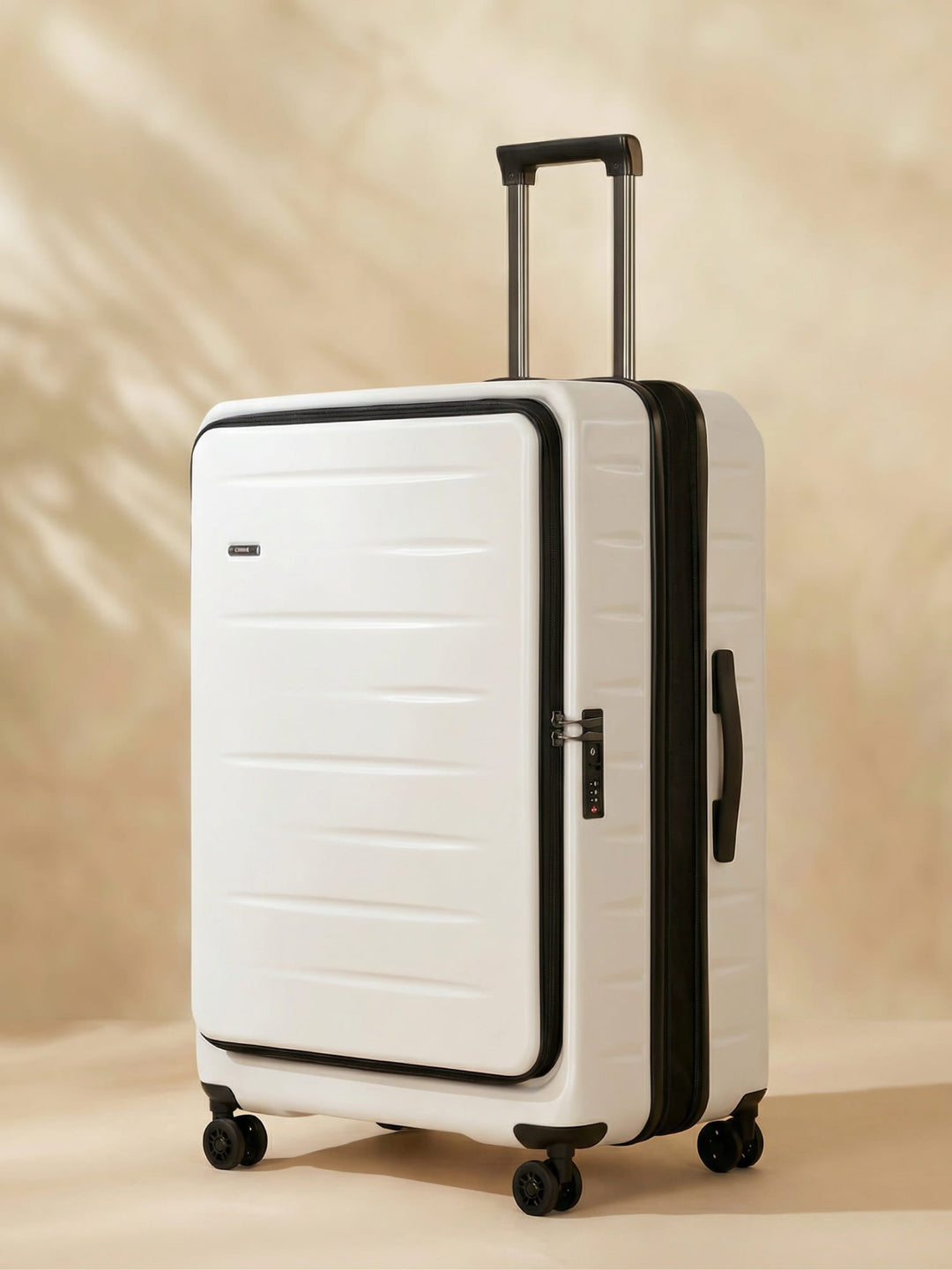 Unisex expandable hard shell carry-on luggage with front pocket, TSA lock & spinner wheels for travel.