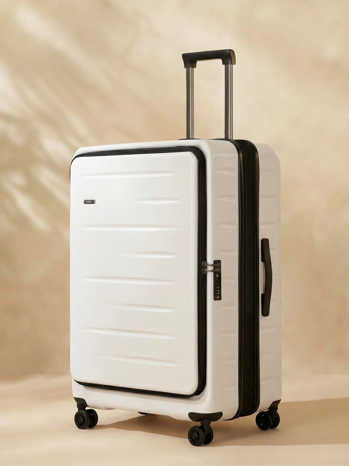 Unisex expandable hard shell carry-on luggage with front pocket, TSA lock & spinner wheels for travel.