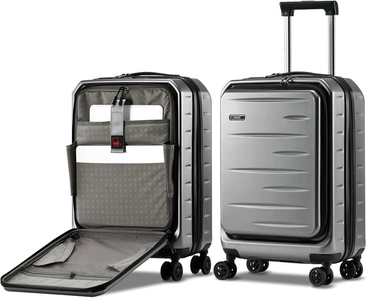 Efficient travel carry-on: hard shell, front pocket, TSA lock, expandable, designed for ease.