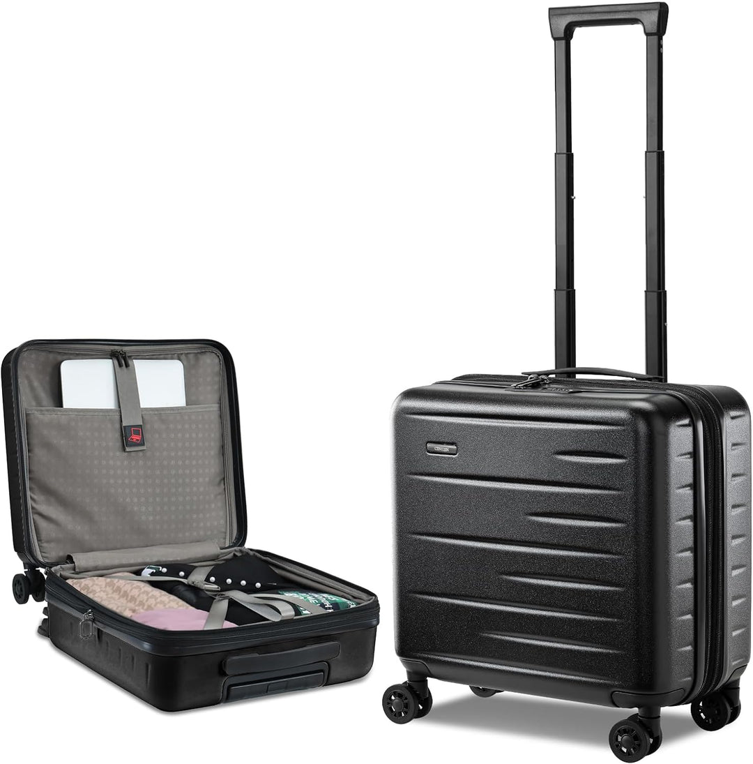 Robust expandable hard shell carry-on luggage featuring a secure front pocket & TSA lock for safety.
