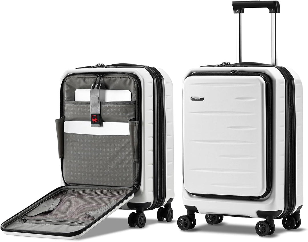 Unisex hard shell carry-on with dedicated front pocket, expandable capacity & integrated TSA lock.