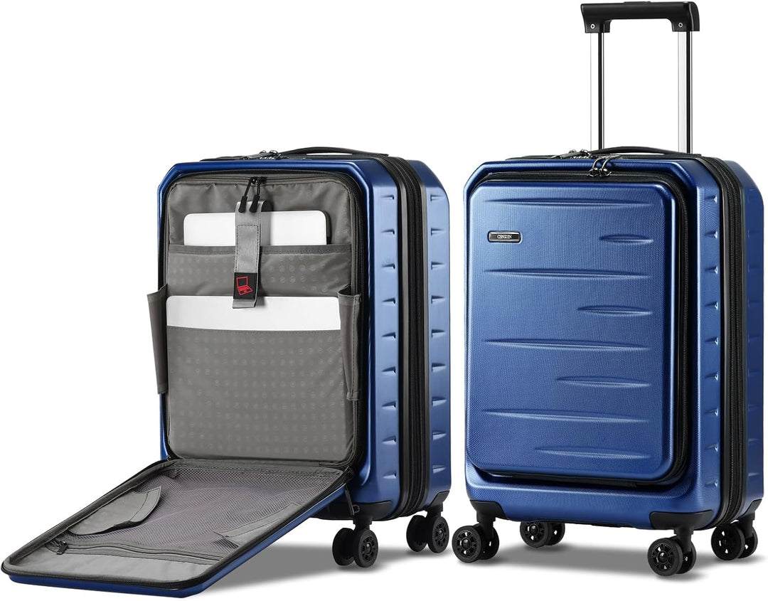 Streamlined hard shell carry-on, expandable, with a front pocket for easy access & TSA security.