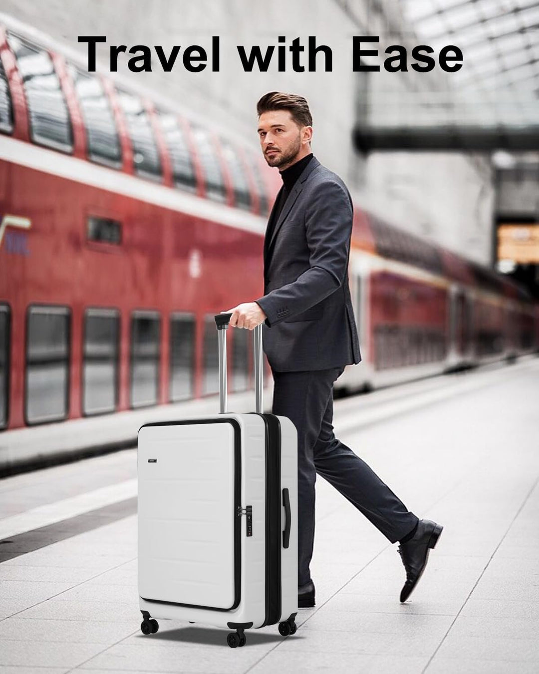 Expandable hard shell carry-on with a spacious front pocket, TSA lock, perfect for business travel.