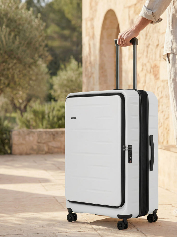 Durable hard shell carry-on bag with secure TSA lock, expandable feature & convenient front pocket access.