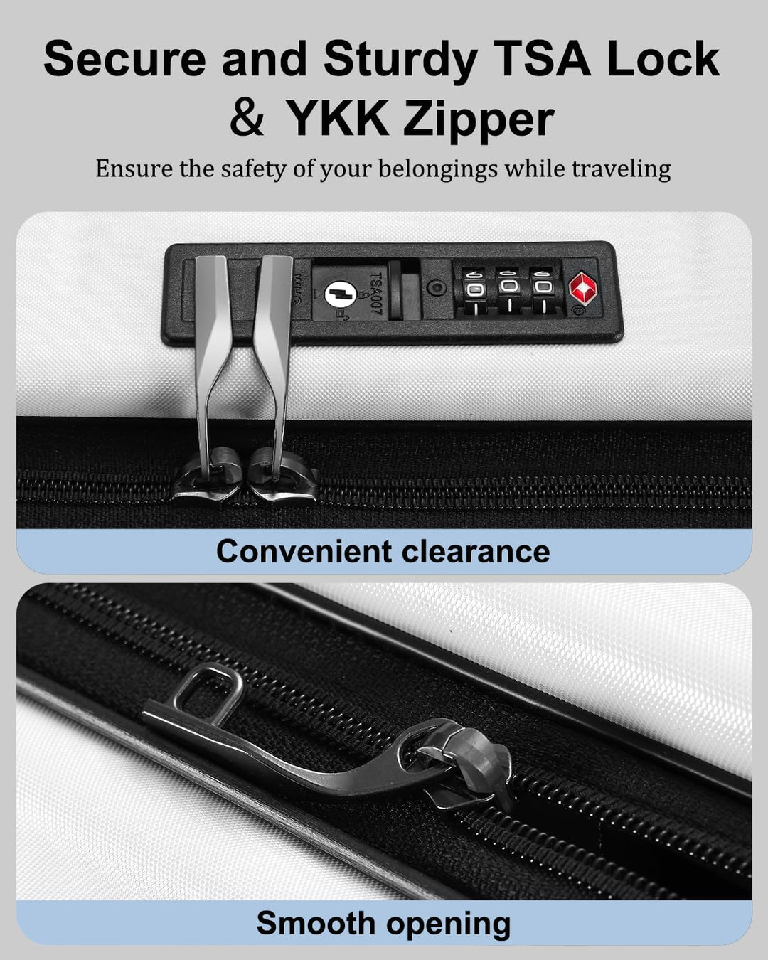 Hard shell carry-on with a secure front pocket, expandable zipper for extra items & TSA lock.