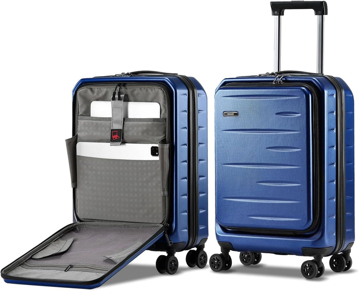Secure hard shell carry-on with expandable capacity, front pocket & TSA combination lock for travel.