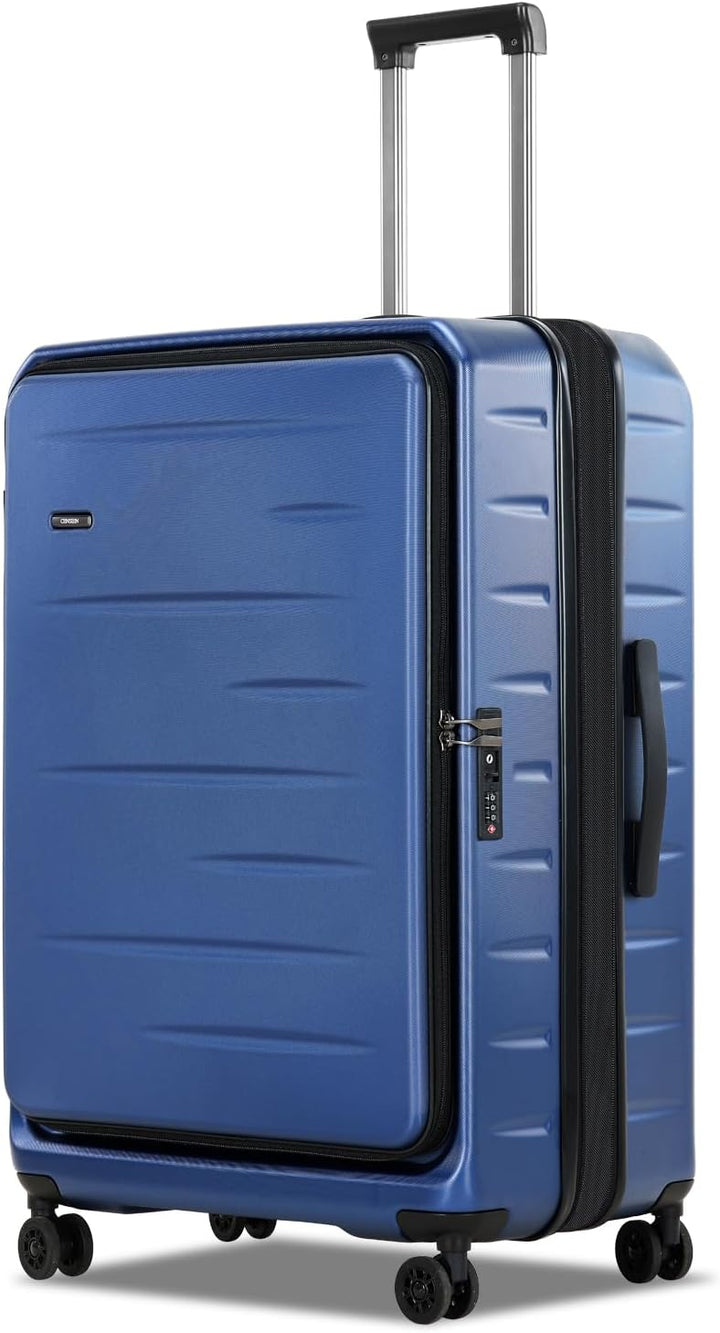 Durable unisex hard shell carry-on, expandable, featuring a front pocket & integrated TSA lock.