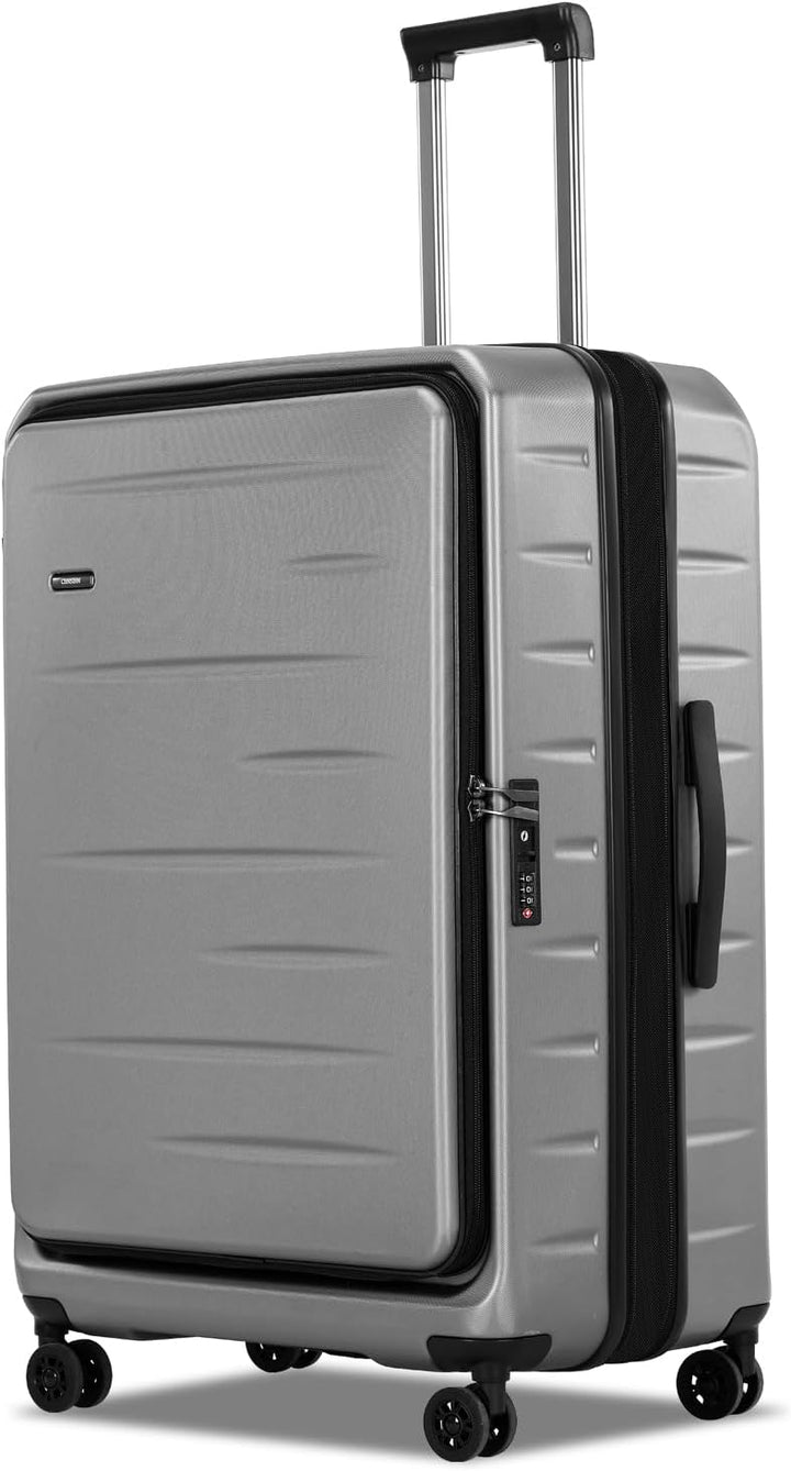 Modern carry-on luggage: hard shell, expandable, with a secure front pocket & integrated TSA lock.