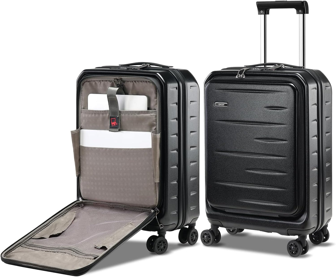 Travel smart: expandable hard shell carry-on, front pocket, TSA lock, and smooth spinner wheels.