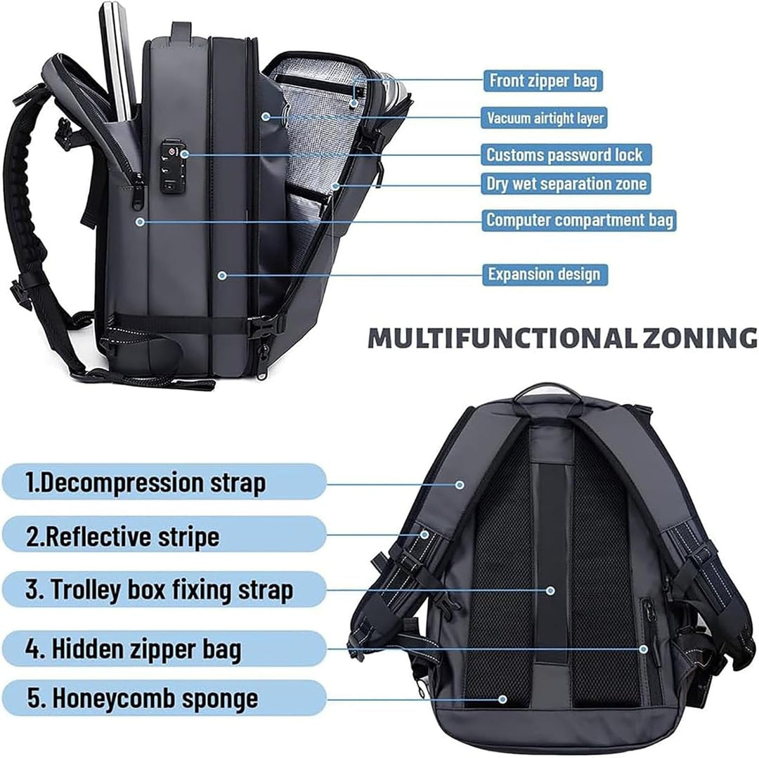 Water repellent travel backpack, unisex, featuring secure anti-theft lock & ample storage.