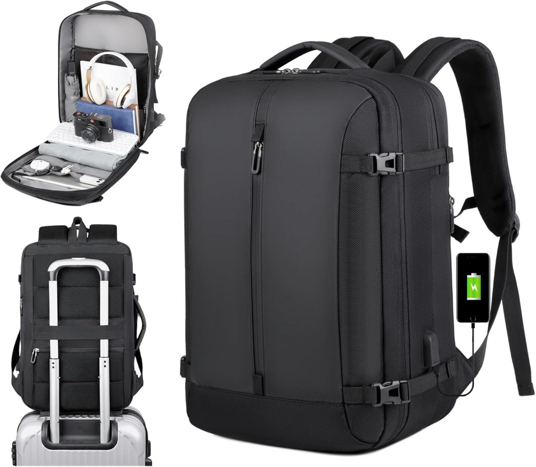 Unisex expandable waterproof travel backpack with USB port & 17in laptop sleeve. Perfect for business or students.