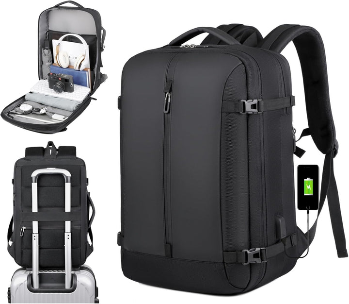 Unisex expandable waterproof travel backpack with USB port & 17in laptop sleeve. Perfect for business or students.