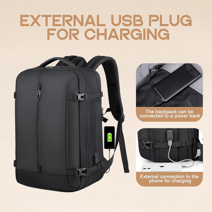 Waterproof carry-on travel backpack, expandable, anti-theft design, with USB charger & 17in laptop sleeve.