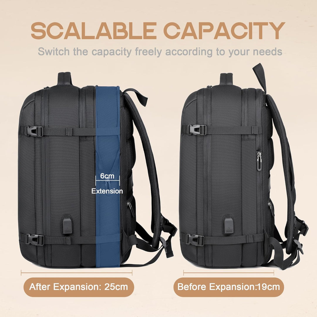 Front view: Black waterproof travel backpack for 17in laptop, with USB charging port. Ideal for business & student.