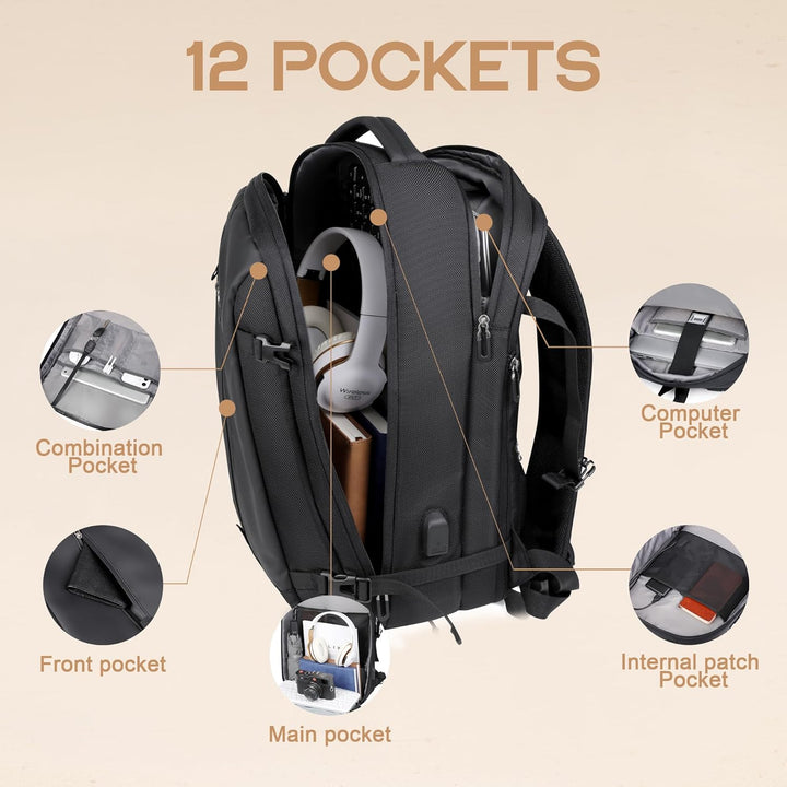 Spacious expandable unisex travel backpack, waterproof, perfect as carry-on luggage with 17in laptop sleeve.