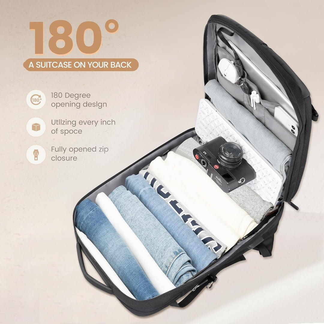 Anti-theft waterproof travel backpack, secure for 17in laptop & valuables, includes USB charging port.