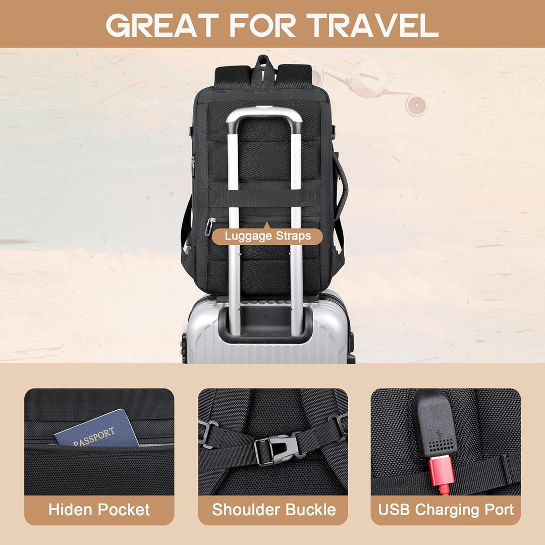 Unisex waterproof travel backpack in use, showing accessibility of USB port & 17in laptop sleeve.