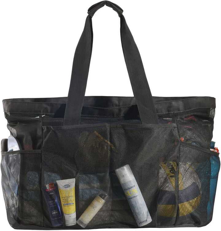 Unisex Extra-Large Mesh Beach Tote, sandproof zipper carryall for family essentials & summer travel.