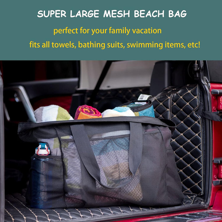 Spacious mesh beach bag, sandproof, perfect oversized carryall for family beach days & travel essentials.