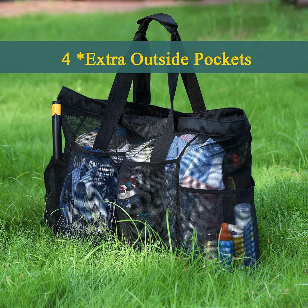 Versatile unisex extra-large mesh tote, sandproof beach bag & travel carryall for all your adventures.