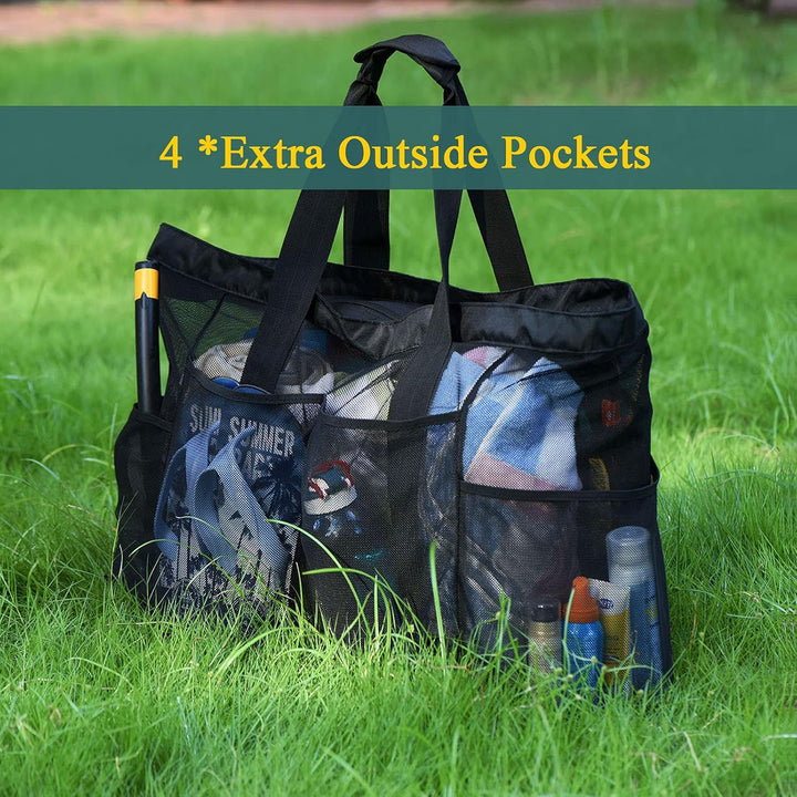 Versatile unisex extra-large mesh tote, sandproof beach bag & travel carryall for all your adventures.