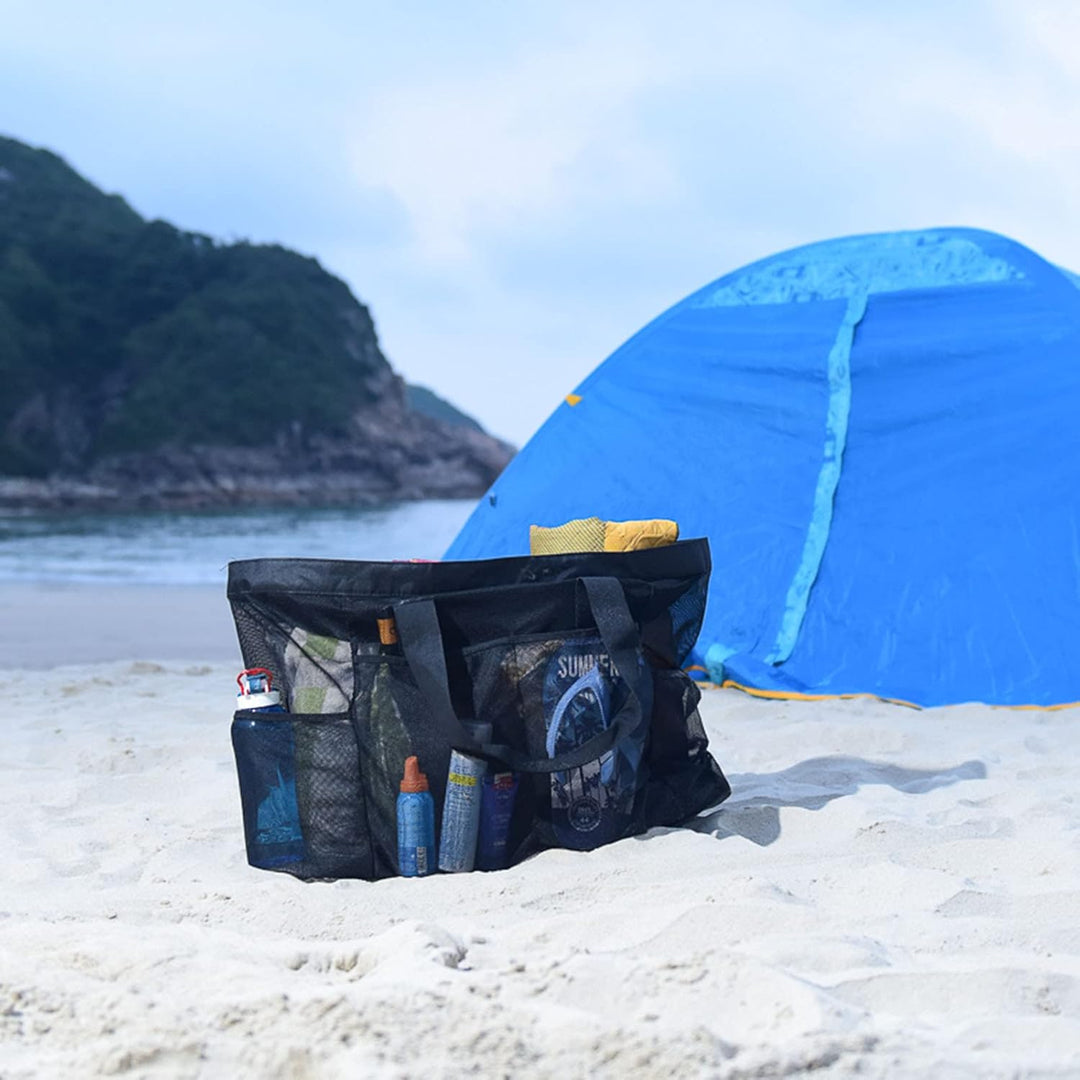 Sandproof zipper mesh beach bag, extra-large carryall, perfect for family beach trips & summer travel essentials.
