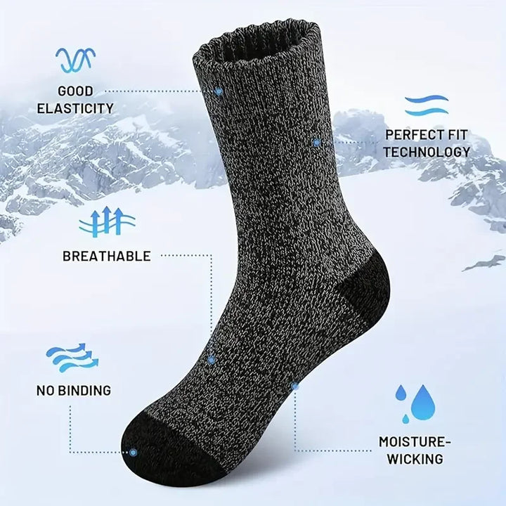 Soft, thick merino wool unisex socks providing warmth & comfort for winter outdoor activities.