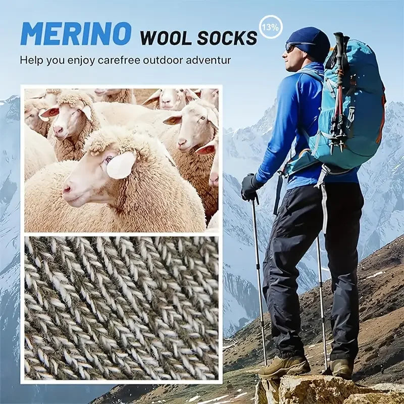 Unisex warm, thick, and breathable merino wool socks for hiking & cold weather adventures.