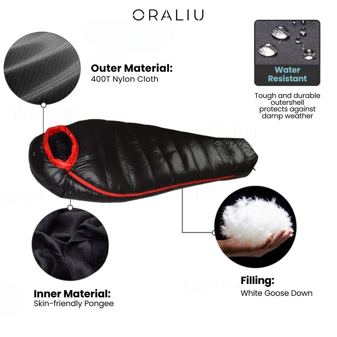 Winter camping sleeping bag, rated to -20°C. Provides warmth & comfort for cold weather outdoor expeditions.
