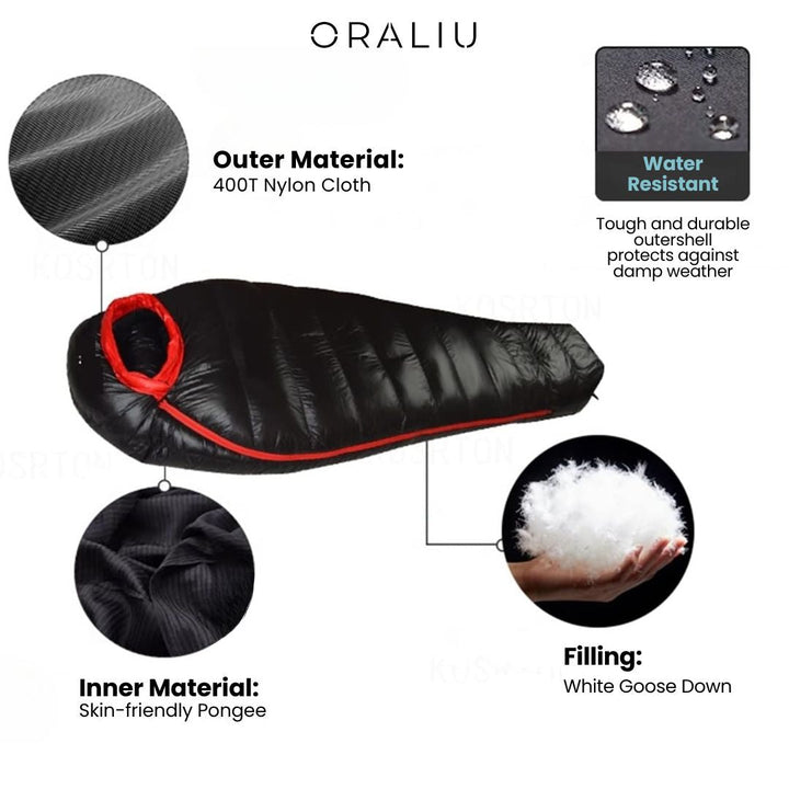 Winter camping sleeping bag, rated to -20°C. Provides warmth & comfort for cold weather outdoor expeditions.
