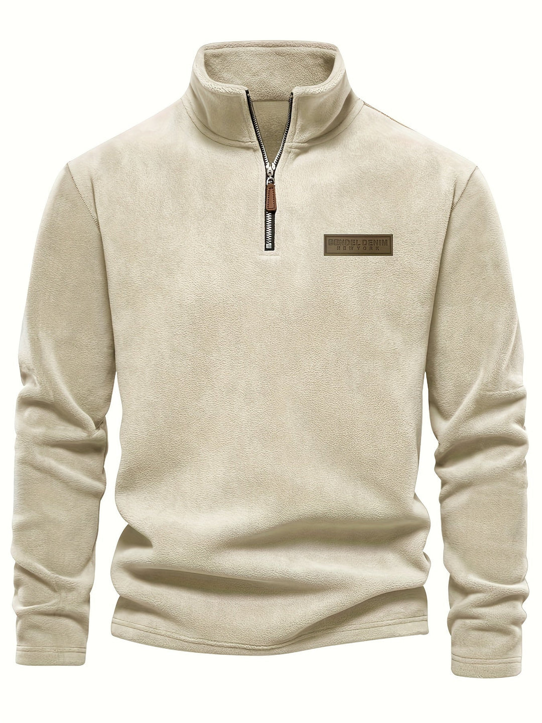 Stylish solid color half-zip pullover, fleece-lined for ultimate warmth; perfect casual essential for winter.