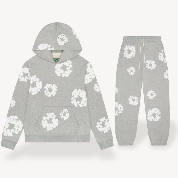 Unisex floral graphic hoodie & matching jogger set in a comfortable, casual loungewear style.