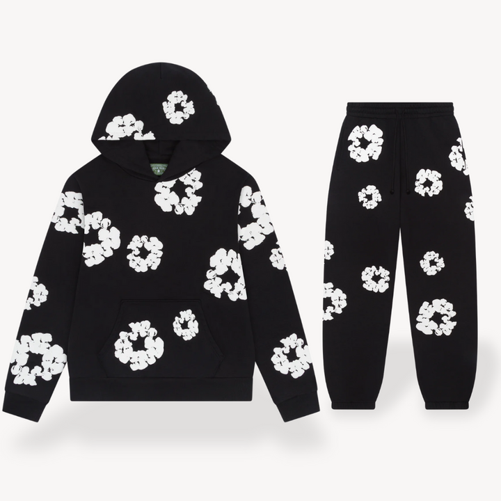 Comfortable unisex floral print hoodie and jogger set, perfect for lounging or casual wear.