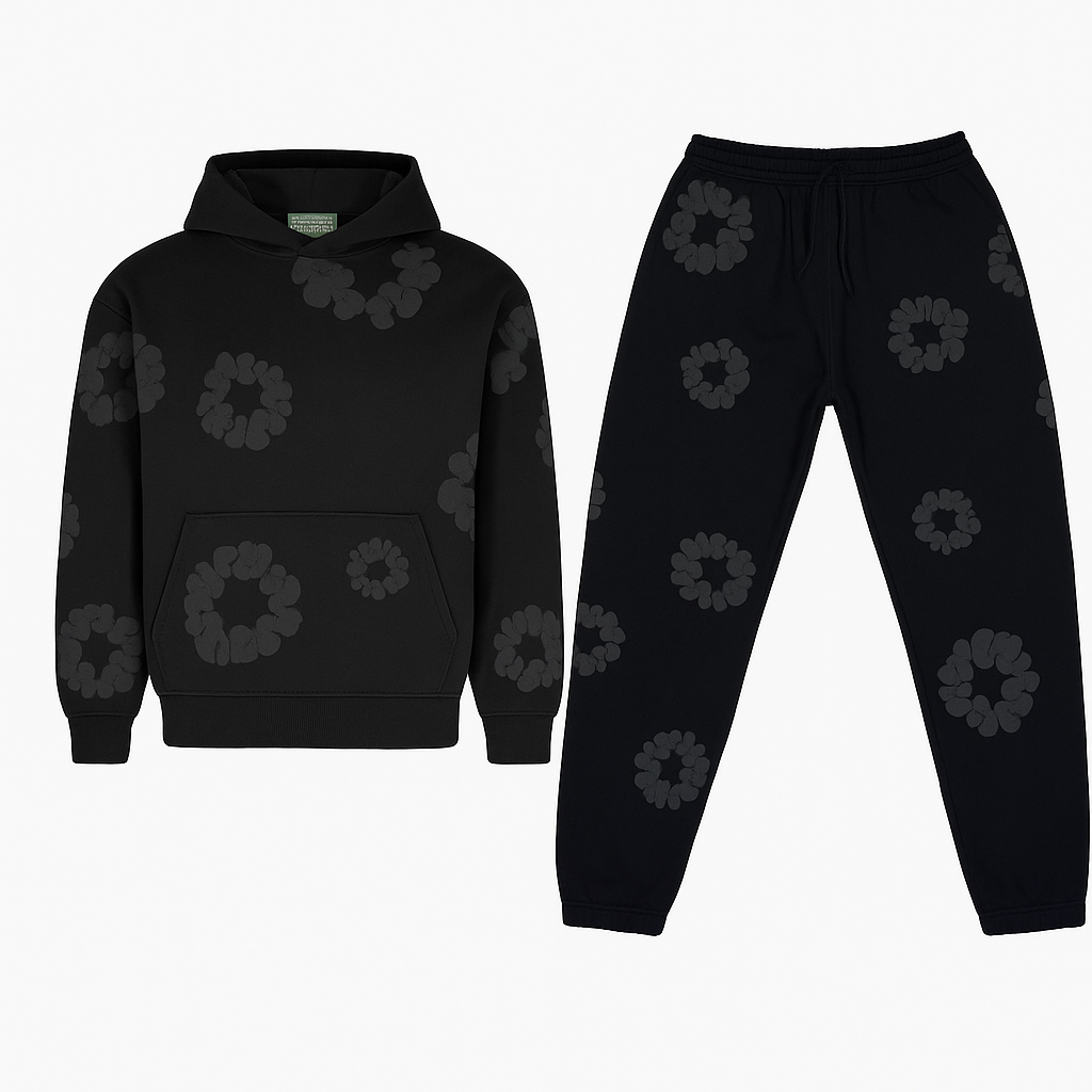 Black unisex floral graphic hoodie & jogger set, a stylish matching outfit for casual fashion.