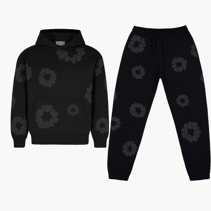 Black unisex floral graphic hoodie & jogger set, a stylish matching outfit for casual fashion.