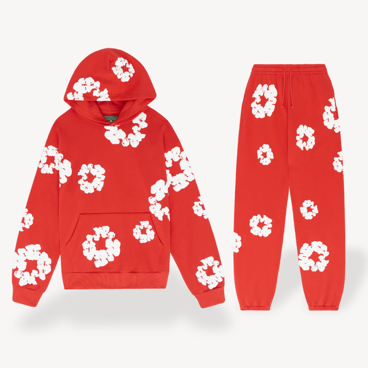 Gray unisex floral print hoodie & jogger set, offering a comfortable and active style.