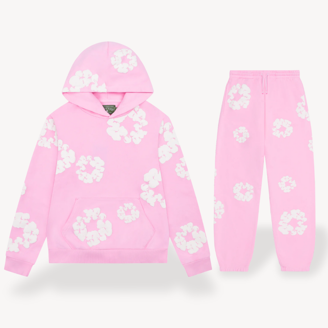 Red unisex floral graphic hoodie and jogger matching set, ideal for casual and active wear.